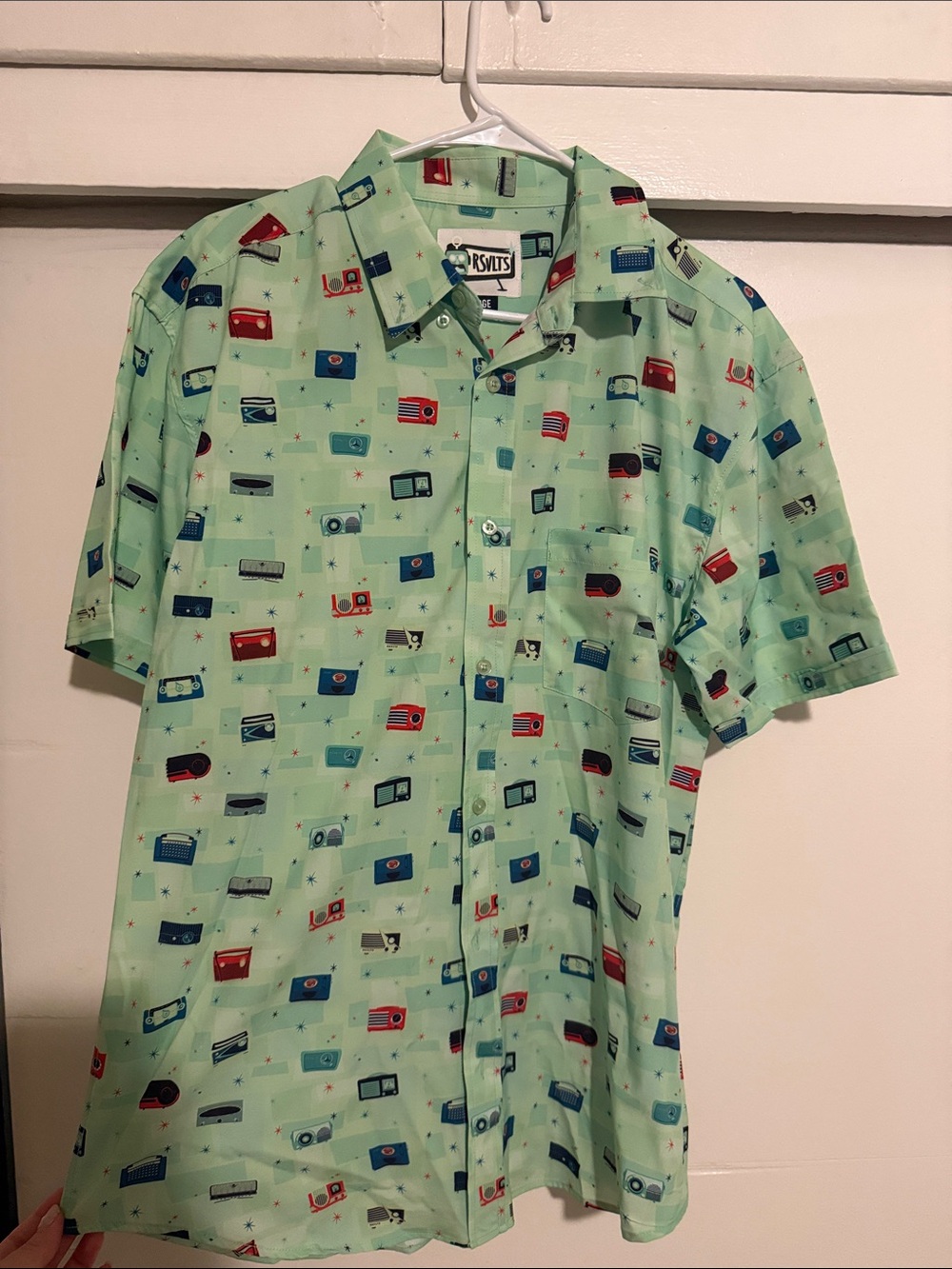 RSVLTS Mint Green Button-Up Shirt with Retro Radio Print